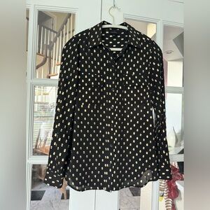 Who What Wear Black & Metallic Gold Polka Dot Black button up blouse